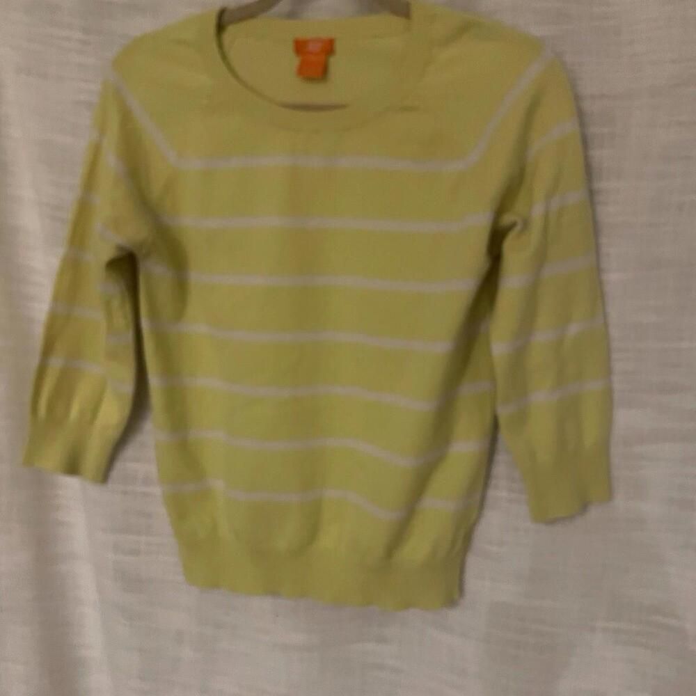 Joe Fresh Women S/P Pullover Sweater Yellow & White Stripe Round Neck 3/4 Sleeve